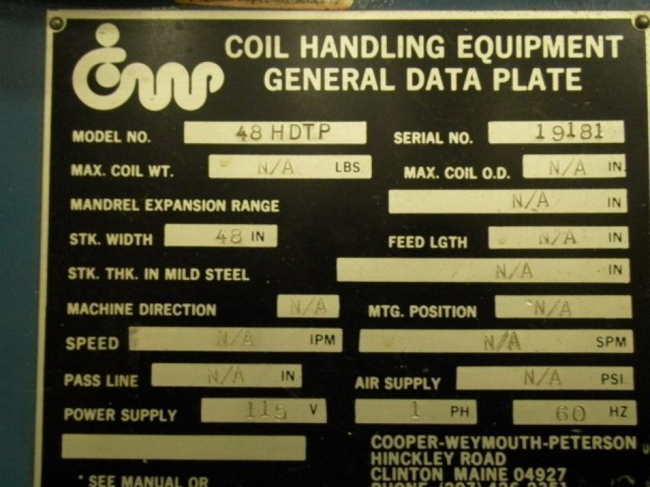 20,000lb. Capacity CWP Coil Feed Line For Sale