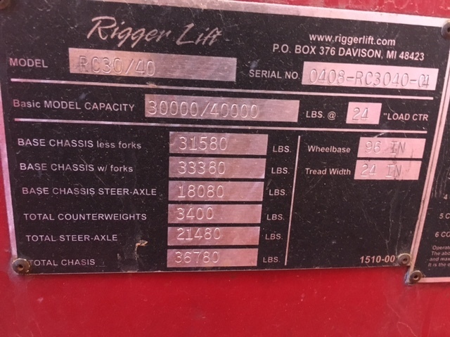 30,000lb. to 40,000lb. Capacity Rigger Lift Forklift For Sale