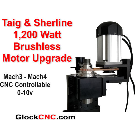 NEW! Looking for a Sherline or Taig motor upgrade? This is for you if you're looking for ultimate power. Our typical customers for the 1,200 Watt are commercial and high end hobbyist. Like our other brushless motor, it produces high torque at any RPM. This is because the brushless driver will feed any needed power to maintain RPM. This is a great Industrial Continuous Duty Brushless Motor for your lathe or mill. The motor RPM is 5,400. Of course, your final spindle RPM will depend upon your pulley ratio.  What you get:  1,200 Watt High Torque Brushless Continuous Duty Motor (fan cooled) Mach3 - Mach4 controllable through 0-10v input About the same weight as stock motor, but with much more power No modifications needed for Sherline or Taig to mount (or course, it mounts directly to our Heavy Duty Headstocks as well). Brushless controller with 5 digit motor tachometer showing motor speed Remote wired controller Motor RPM 5,400 Motor is reversible through the controller 110v or 220 volt Kit includes: Brushless Motor + Controller, Mounts & Cabling OPTIONS.... The pictured pulley with belt is optional because some like to use their own pulley. Shaft is 14mm with 5mm key The optional control box features; Speed Control Knob, Direction, Engage, & Brake switches Note: All of our motor upgrade kits are custom made and take approximately 2 weeks to ship. We offer returns on defective parts 90 days or you may upgrade to a larger motor if returned un-used within 14 days.  (Headstocks in any pictures is sold separately and not included)
